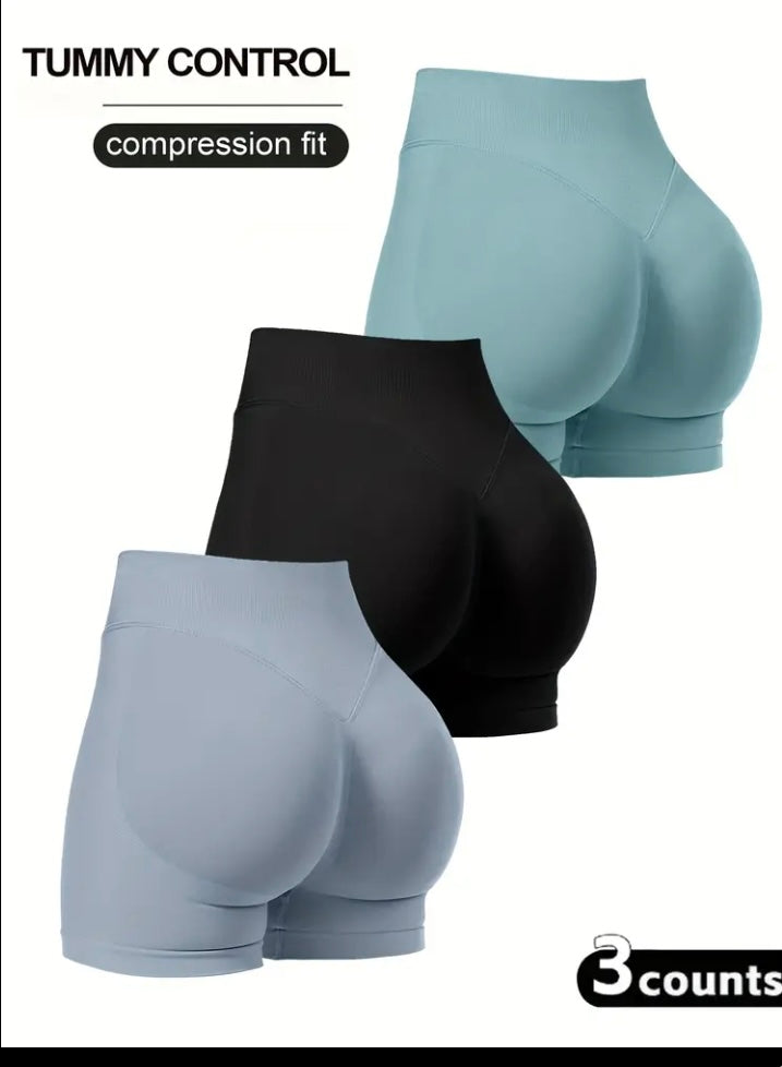 A Set of Three Seamless High Waisted Shorts for Women.