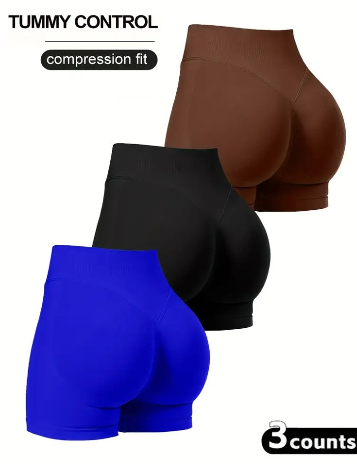 A Set of Three Seamless High Waisted Shorts for Women.